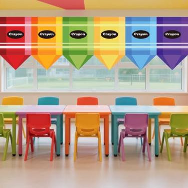 Imagem de letesult 6 peças de cortinas de giz de cera para sala de aula escolar, 85 x 50 cm, cortinas coloridas arco-íris de volta às aulas, decoração de janela com tema de giz de cera para decoração primária