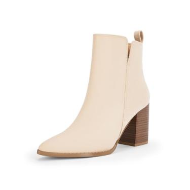 Imagem de Rilista Bota feminina com recorte em V, bico fino, salto grosso, salto empilhado, zíper lateral, Bege, 36