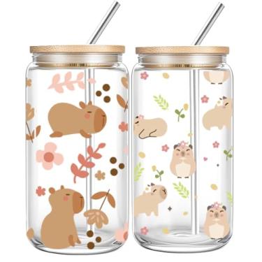 Imagem de DHQH 2 peças de presentes de capivara para mulheres, copos de vidro com tampas e canudos, conjunto de presentes de xícara de café com gelo de flores para irmã enfermeira mãe presente de aniversário e