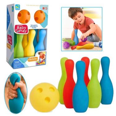 Imagem de Boliche Infantil Vinil Macio 6 Pinos 2 Bolas Brinquedo Caixa - Cometa