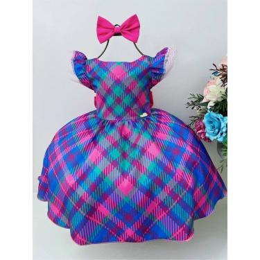 Imagem de Vestido Infantil Azul Royal Colorido Xadrez C/ Laço Luxo 1 ao 12
