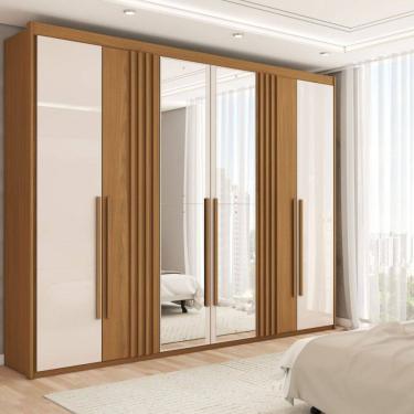 Imagem de Guarda-Roupa Casal Palm 6 Portas 4 Gavetas com Espelho Flex Natural/Off White - Panorama Móveis