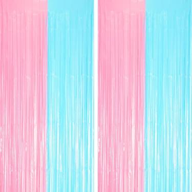Imagem de Voircoloria Pacote com 2 cortinas de fundo de franja azul pastel e rosa, decorações de festa com serpentinas de tinsel, pano de fundo de franjas para revelação de gênero, festa de chá de bebê