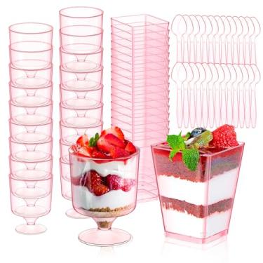 Imagem de 200 peças de copos de sobremesa rosa com colheres 100 peças 142 g mini copo de plástico parfait de frutas, 100 colheres, tigela de servir pequena quadrada transparente taça de vidro redonda para