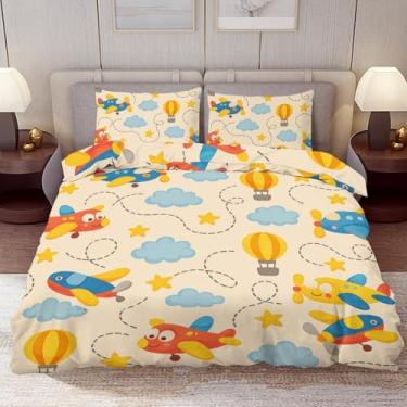 Imagem de Delerain Conjunto de capa de edredom solteiro, desenho animado de avião fofo, conjunto de cama de 3 peças para meninos, meninas, adolescentes, moderno, microfibra macia, decoração de quarto, 1 capa de