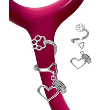 Imagem de Plifal Berloques de estetoscópio personalizados de coração para enfermeira - pingentes de estetoscópio de patas fofas com etiqueta de identificação, acessórios adequados para Littmann, presentes para