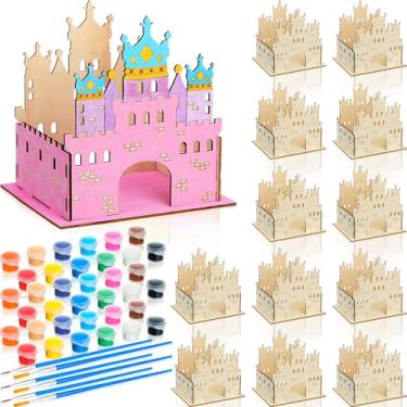 Imagem de DoubleFill Conjunto de 12 artesanatos de castelo de madeira para crianças, lembrancinhas de festa de princesas com pincéis de tinta acrílica e 12 cores, castelo de papelão para crianças colorirem