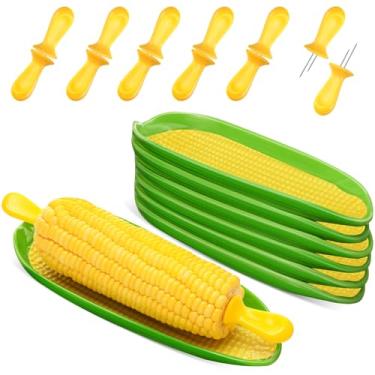 Imagem de Teenyyou 6 unidades de pratos de milho com 12 unidades de suportes de espiga de aço inoxidável para espigas, bandeja de serviço de melamina, espetos de manteiga para cozinhar em casa e churrasco
