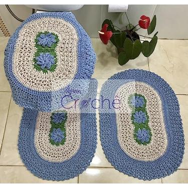 Imagem de Tapete para Banheiro em Crochê Bordado Premium 3 Peças (Azul Bebê)