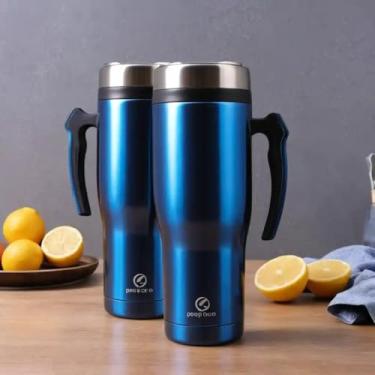 Imagem de Caneca Térmica Parede Dupla em Aço Inox Azul 700ml com Alça Ergonômica - Estilo Texturizado