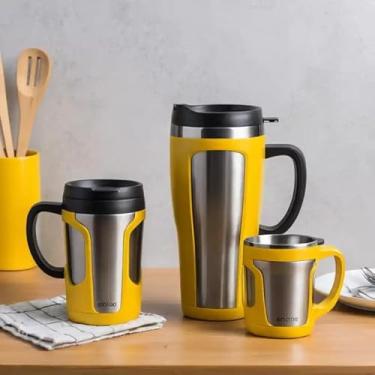 Imagem de Caneca Térmica Parede Dupla em Aço Inox Amarela 500ml com Base Antiderrapante - Estilo Texturizado