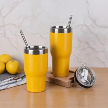 Imagem de Copo Térmico Parede Dupla em Aço Inox Amarela 350ml com Canudo - Estilo Premium