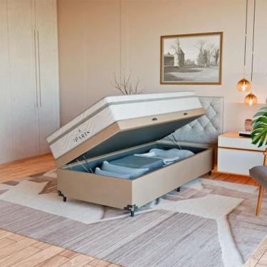 Imagem de Cama Box Baú Solteiro Bege + Colchão Paris Molas Branco - eShop casa