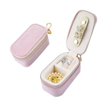 Imagem de Rolin Roly Pequena caixa de joias de veludo organizador de joias de viagem porta-joias portátil com zíper para colar, brincos, anéis longos para mulheres (rosa)