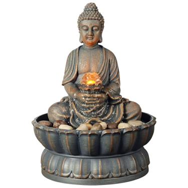 Imagem de Kalona Fonte de mesa de 24 cm Requintada Sorriso Sentado Buda Fonte de Água de Mesa Fonte Zen Decorativa com Iluminação Reflexiva/Decoração de Escritório e Casa de Paralelepípedos (21125A)