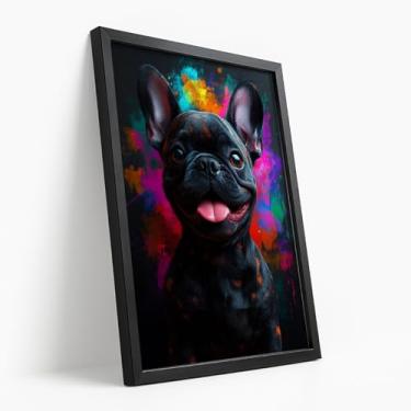 Imagem de Quadro Decorativo Bulldog Francês Preto Fundo Colorido Arte Moderna Estilo Pop Pet Fofo Divertido Criativo Com Moldura