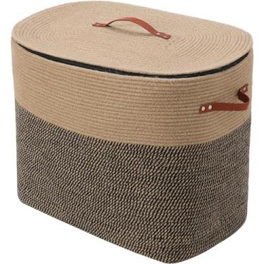 Imagem de Cesta retangular de corda de algodão extragrande com tampa e zíper, cesto de roupa suja versátil e cesto de pano para roupas, toalhas, cobertores, organização de sala de estar (juta, 56 x 35 x 45 cm)