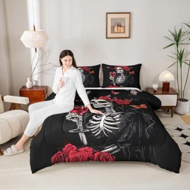 Imagem de Castle Fairy Conjunto de edredom de caveira gótica de Halloween, tamanho casal, esqueleto romântico, decoração de quarto de adolescentes, rosa tinto, microfibra, roupa de cama macia com 2 fronhas