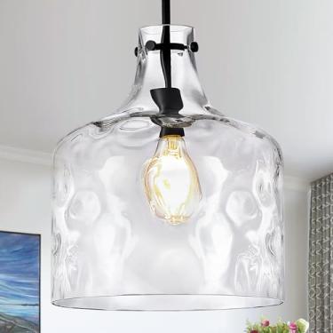Imagem de CATINER Candeeiro suspenso extra grande de 16 polegadas, estilo vintage, abajur de vidro martelado transparente soprado à mão, corrente ajustável, luz pendente para ilha de cozinha, sala de jantar