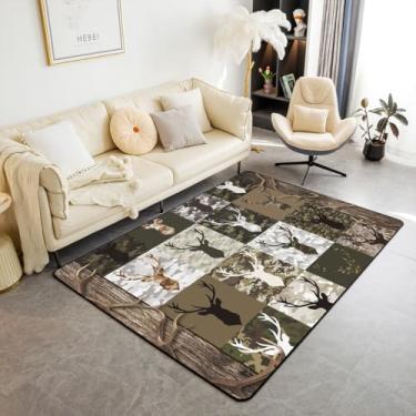 Imagem de Tapetes de caça de veados 1,5 x 1,8 m tapete decorativo antiderrapante camuflagem verde marrom xadrez tapete de área de acento de cama tapete de cabana estilo casa de fazenda tapetes de chifres para cozinha quarto