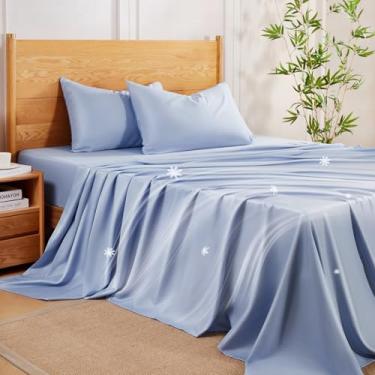 Imagem de MR&HM Conjunto de lençóis California King, lençóis refrescantes de 4 peças, raiom derivado de mistura de bambu e poliéster, macio e sedoso, bolsos profundos de 38 cm com tiras elásticas, hotel luxuoso