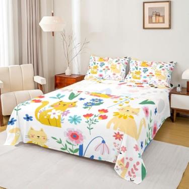 Imagem de Castle Fairy Jogo de lençol casal com desenho animado de gatos com desenho animado de gatos, estampa floral chique gasto para quarto de meninos e meninas, cinza, branco, amarelo, macio, lençol com