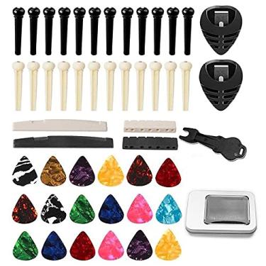 Imagem de Eujgoov Kit de Acessórios para Guitarra Acústico, Pinos de Ponte, Nozes de Guitarra, Picaretas de Celulóide, Suportes de Picareta, Substituição do Extrator de Pinos