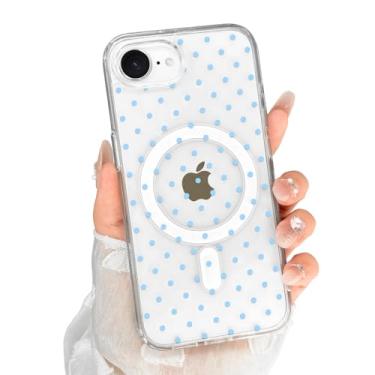Imagem de Oylaxoy Capa magnética transparente para iPhone 16e, com design bonito de estética de bolinhas, proteção de borda de lente elevada, capa protetora de TPU macio e elegante para iPhone 16e, azul