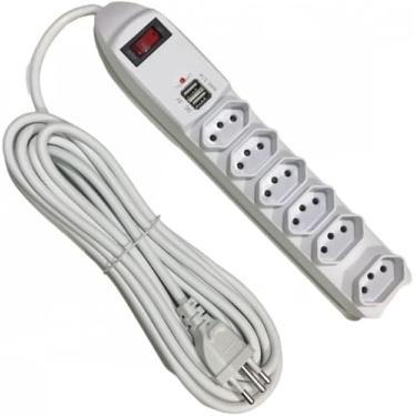 Imagem de Extensão Régua de Tomada com 6 Entradas, 2 Portas USB, Cabo de 5 metros, Branco, Reforçado, Seguro, Adaptação