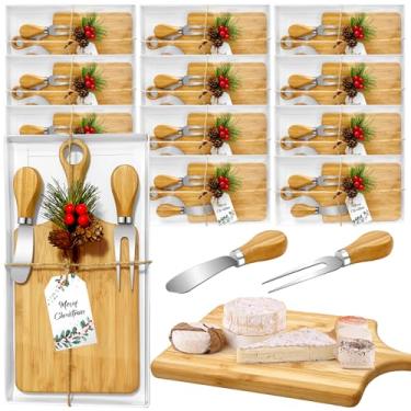 Imagem de Gosodeny Conjunto de 12 conjuntos de presentes de Natal, lembrancinhas de chá de panela, bambu, madeira, quadrado, conjunto de facas de queijo, conjunto de mini tábuas de corte, conjunto de etiquetas