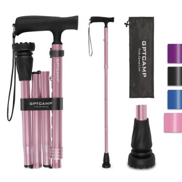 Imagem de GPTCAMP Bengala de caminhada G2, bengala dobrável para mulheres e homens com alça de pulso, portátil, dobrável, dobrável, leve e resistente com alça em T confortável