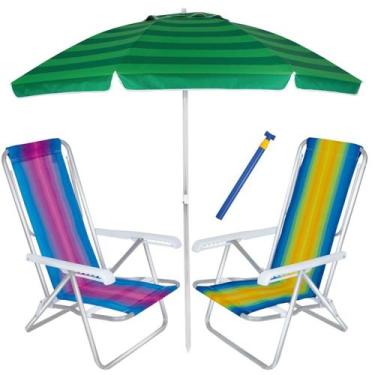 Imagem de Kit Praia 2 Cadeira Reclinável 8 Pos Alum + Guarda Sol 2,4m + Saca are
