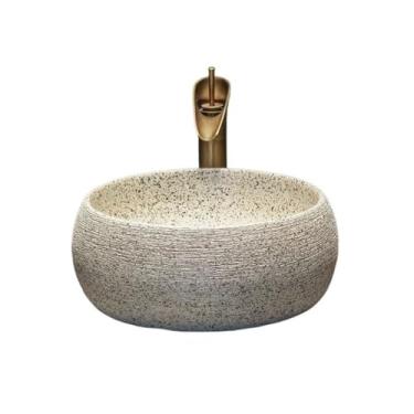 Imagem de Bacia de pia de vaso de banheiro lavatório vintage redondo para pátio ao ar livre lavatório de cerâmica de alta temperatura arte criativa bacia de bancada pia de banheiro simples lavatório acima do