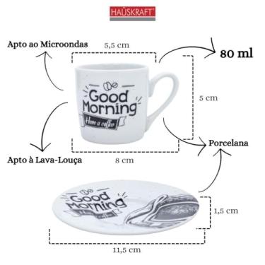 Imagem de Conjunto De Xícaras Com Pires 80ml De Porcelana Chá Café Da Manhã Coffee Selecione Modelo (GOOD MORNING)