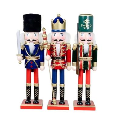 Imagem de ENLAYER 3 peças de boneco de quebra-nozes de Natal de 38 cm, decoração de quebra-nozes de madeira pura pintada à mão, presente festivo colecionável, quebra-nozes para decoração de mesa de inverno e