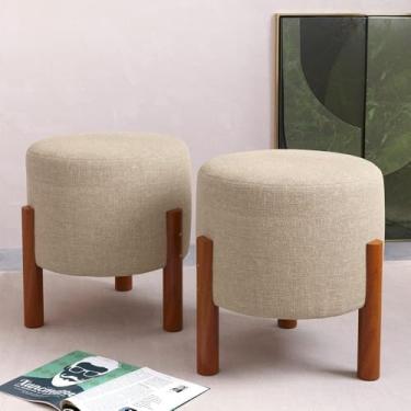 Imagem de PC Móveis – Kit 2 Puff Redondo Luxo Decorativo em Linho ou Suede – Sala, Quarto e Escritório (Linho, Bege)