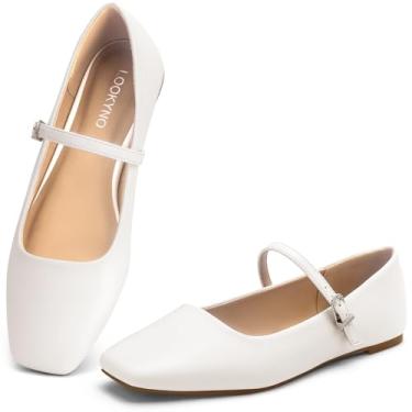 Imagem de Lookyno Sapatilhas femininas de balé Mary Jane com alça ajustável, confortável, bico quadrado, fechado, versátil e chique com palmilha de látex, Branco, 40