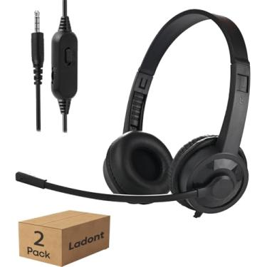 Imagem de Ladont Pacote com 2 fones de ouvido infantis com microfone para sala de aula, escola, estudante, K-12, fone de ouvido com fio de 3,5 mm com microfone para laptop, Chromebook, PC, preto