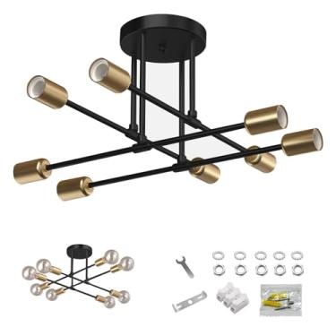 Imagem de Lustre moderno para luminárias de teto, montagem semi-embutida de metal com 8 luzes para sala de jantar, quarto, sala de estar-dourado (Preto)