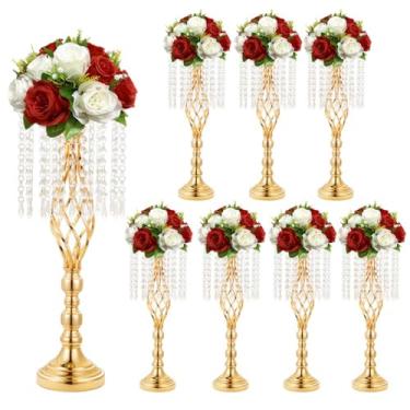 Imagem de MEISHAONV 8 peças de centro de mesa para casamento, 53 cm, centro de mesa, vaso de flores de metal de cristal para decoração de mesas