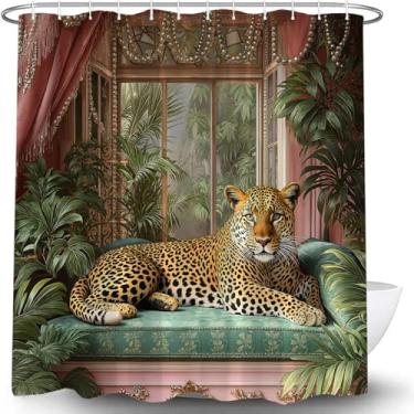 Imagem de Cortina de chuveiro leopardo rosa vintage guepardo vida selvagem folhas de palmeira tropical selva animal pérola planta tigre estética moderna decoração de banheiro cortina com ganchos, 70 x 70 pol