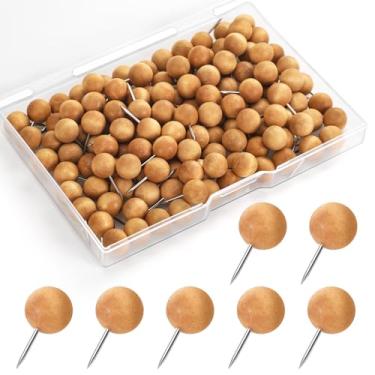 Imagem de GOOLADA 120 peças de pinos de madeira de bola de café, pinos e tachinhas de madeira marrom, pinos de quadro de avisos decorativos, tachinhas fofas para quadro de cortiça, parede, mapas, escritório