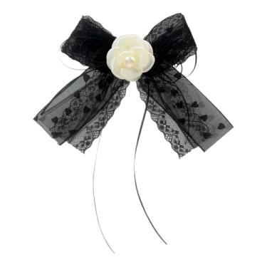 Imagem de Broche de flor preta e branca pré-amarrado para mulheres delicadamente rendado seda camélia fita de gravata no pescoço broches alfinetes de lapela elegante Natal casamento festa baile fantasia gravata