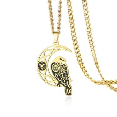 Imagem de VASSAGO Colar de corvo viking para mulheres e homens, aço inoxidável, lua crescente, pingente de corvo, amuleto, joia de presente, One Size, Aço inoxidável, Sem Pedra Preciosa