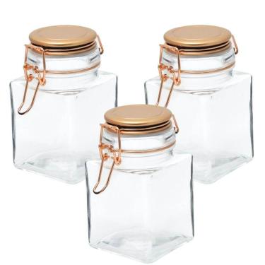 Imagem de Kit 3 Potes De Vidro Hermético Quadrado Com Tampa Rose 350Ml
