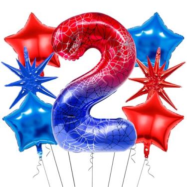 Imagem de 7Pcs 40 inch Spider Theme Number 2 Balloons, Large Red Blue 2 Balloon Number Set with Exploding Star and Star Foil Balloons for Birthdays and Spider Themed Parties