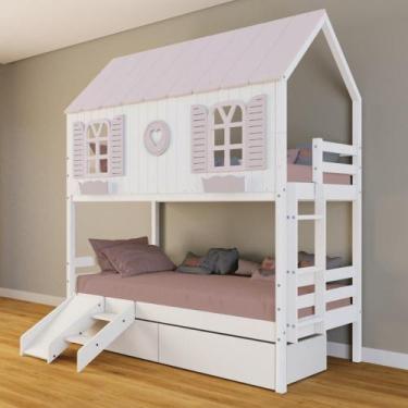 Imagem de Beliche Casinha Bela com Coração 2 Gavetas Kit Escada/Escorregador - M