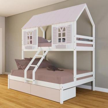 Imagem de Beliche Casal/ Solteiro Casinha Bela 02 Gavetas Rosa - Madeira Maciça 