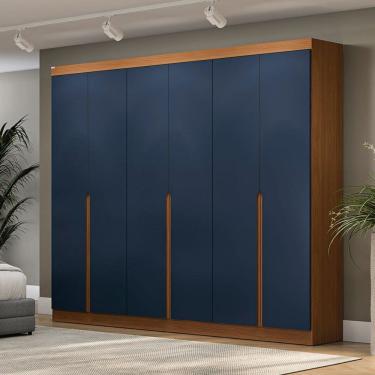 Imagem de Guarda-Roupa Casal Marino 6 Portas 4 Gavetas Canela/Azul - Kappesberg
