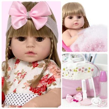 Imagem de Bebê Tipo Reborn Menina Recem Nascida Loira Pode Dar Banho - Cegonha R